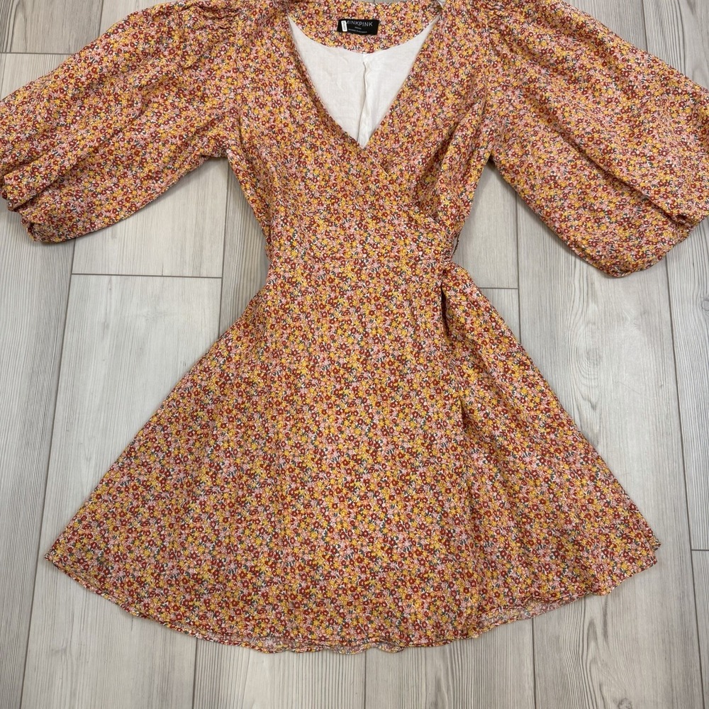 MINKPINK Morwell Medium Boho Floral Wrap Mini Dress Puff Sleeve Cottagecore - Picture 3 of 10
